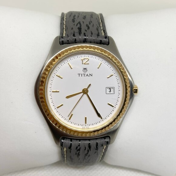 Titan men date silver gold tone wrist watch 36mm round shark leather running - Picture 1 of 8